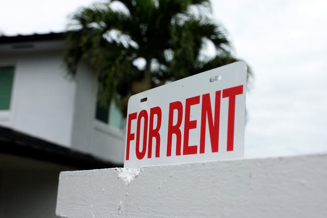 <p>A "for rent" sign is posted in front of a home on December 12, 2023 in Miami, Florida</p>