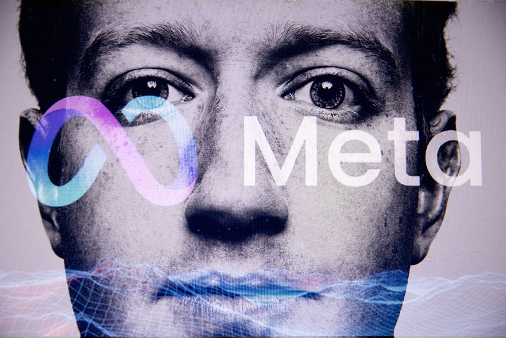 <p>A portrait of Mark Zuckerberg and the Meta logo at Kerlouan in Brittany in France on 11 April 2025</p>