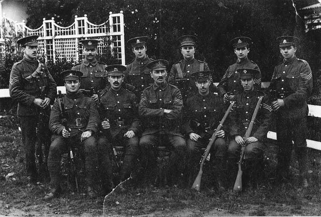 <p>Serjeant Henry Ashton (back row, second from left), a career soldier and former railway worker from Derby who died aged 44 in Lens, France, in 1917</p>