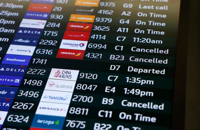 <p>SAN FRANCISCO, CALIFORNIA - NOVEMBER 07: Cancelled flights are displayed on a departures board at San Francisco International Airport (SFO) on November 07, 2025 in San Francisco, California. The FAA (Federal Aviation Administration) is reducing flights by 10 percent at 40 major airports nationwide, including SFO, beginning Friday amid air traffic control staffing shortages resulting from the federal government shutdown</p>