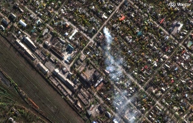 <p>A satellite image shows smoke rising in a residential area amid Russia's attack on Ukraine, in the eastern Ukrainian city of Pokrovsk, Donetsk region, Ukraine, November 3, 2025</p>
