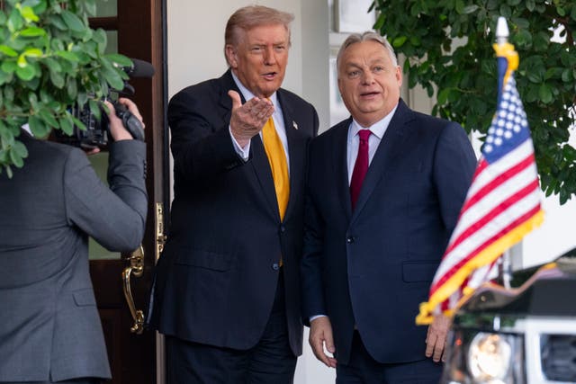 <p>U.S. President Donald Trump greets Prime Minister of Hungary, Victor Orban, as he arrives at the White House on November 7, 2025</p>