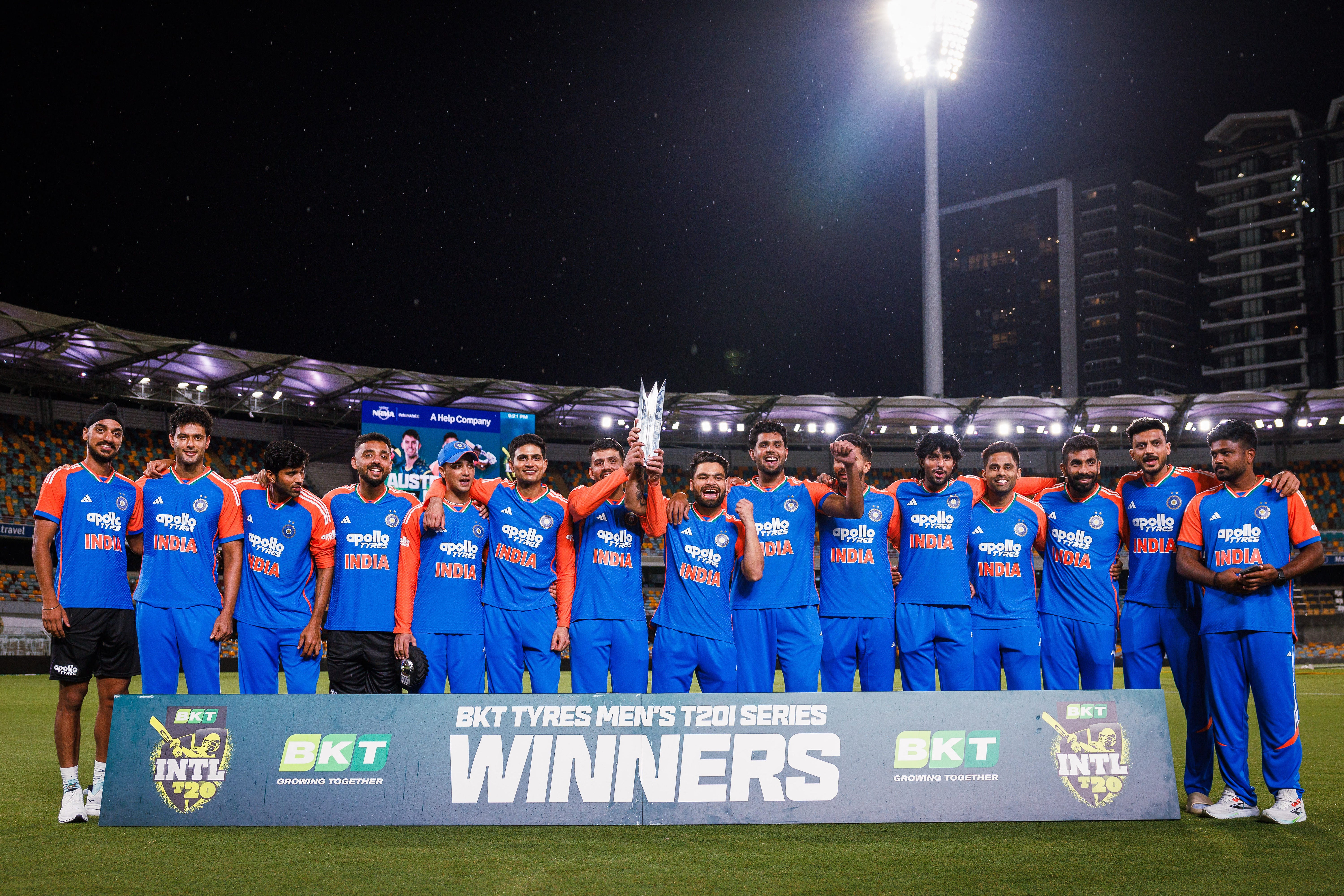 <p>India celebrate their series win in the Brisbane rain</p>