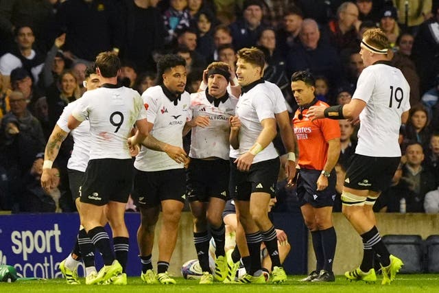 New Zealand’s Damian McKenzie (centre) celebrates with team-mates after scoring their side’s third try during the Quilter Nations Series match at Scottish Gas Murrayfield, Edinburgh. Picture date: Saturday November 8, 2025.