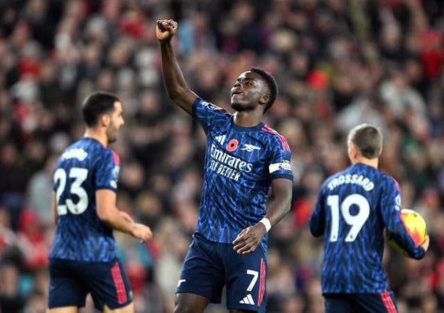 <p>Saka celebrates his goal against Sunderland</p>