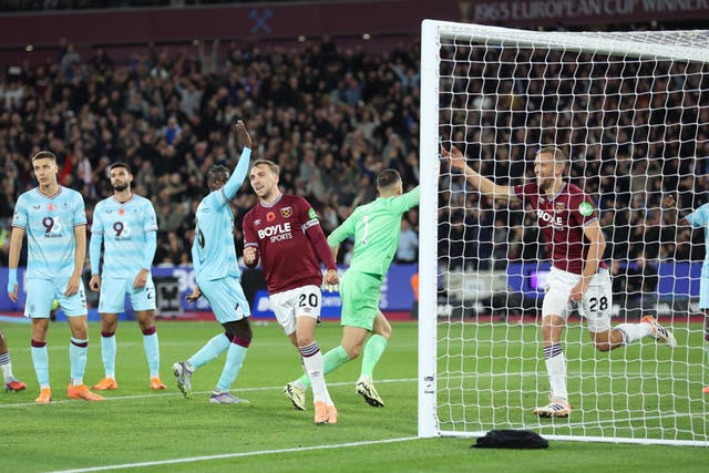 West Ham United’s Tomas Soucek (right) celebrates scoring (Nigel French/PA)
