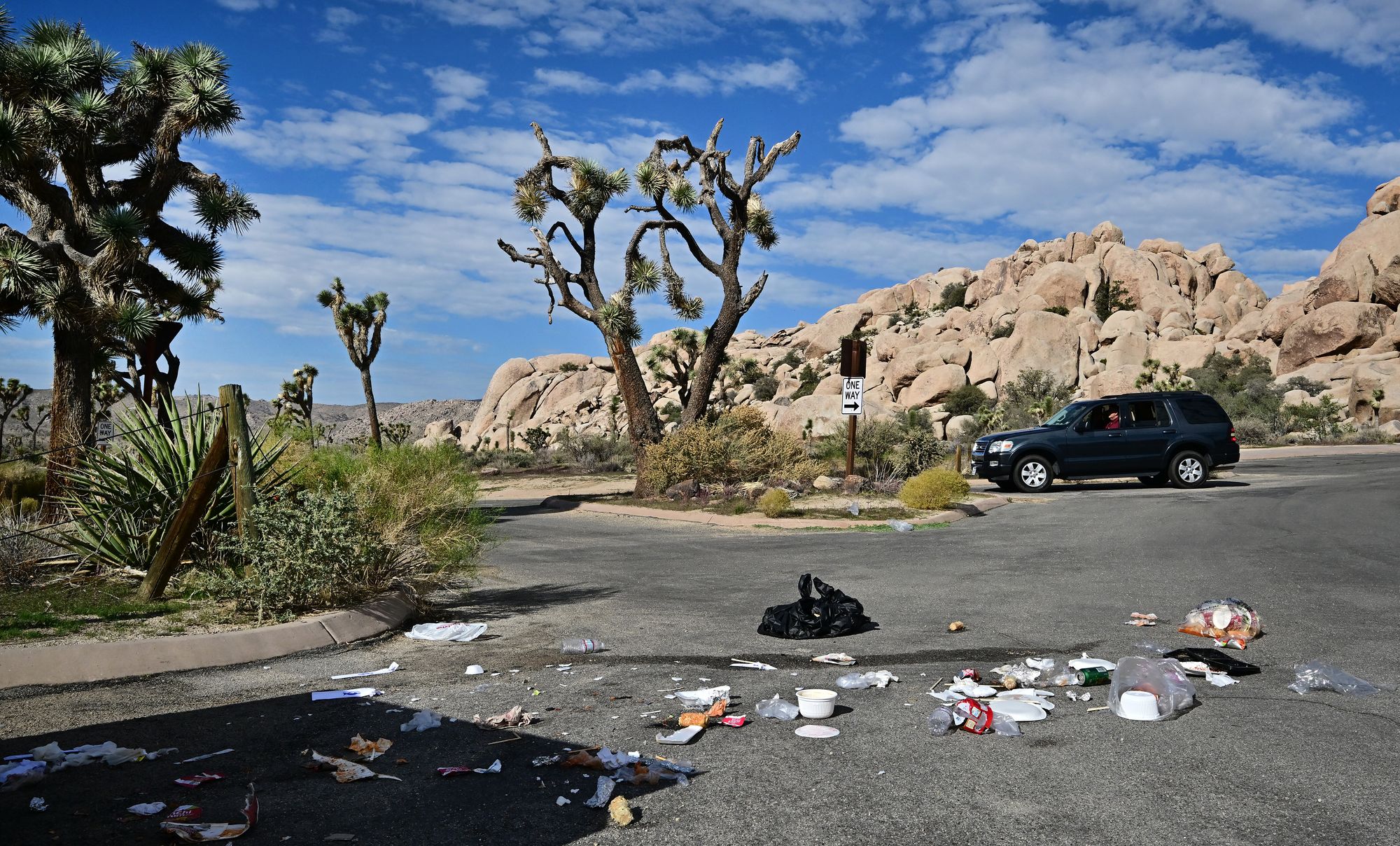 <p>Trash littered along the road at Joshua Tree National Park in California on October 10, 2025, on the tenth day of the federal government shutdown. The national park in southeastern California, located in both the Mojave and Colorado deserts, has remained open and accessible since the shutdown began</p>