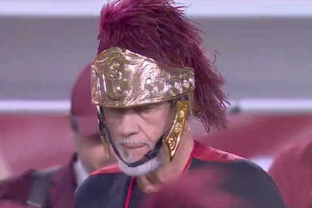 <p>Mick Fleetwood, of Fleetwood Mac, wearing a Trojan helmet during a USC halftime show on November 8, 2025</p>