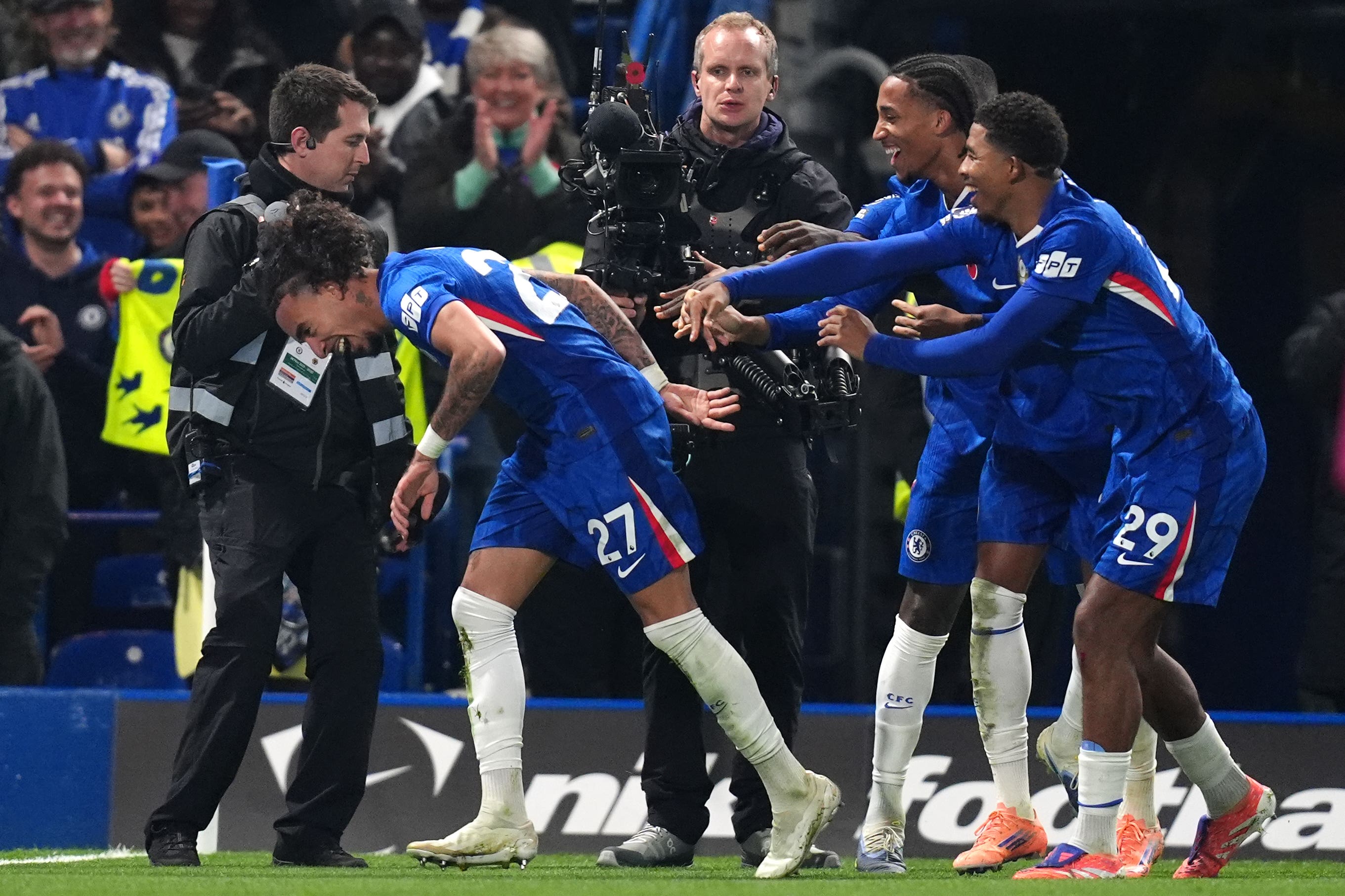 Malo Gusto, left, celebrates after scoring Chelsea’s first goal (John Walton/PA)