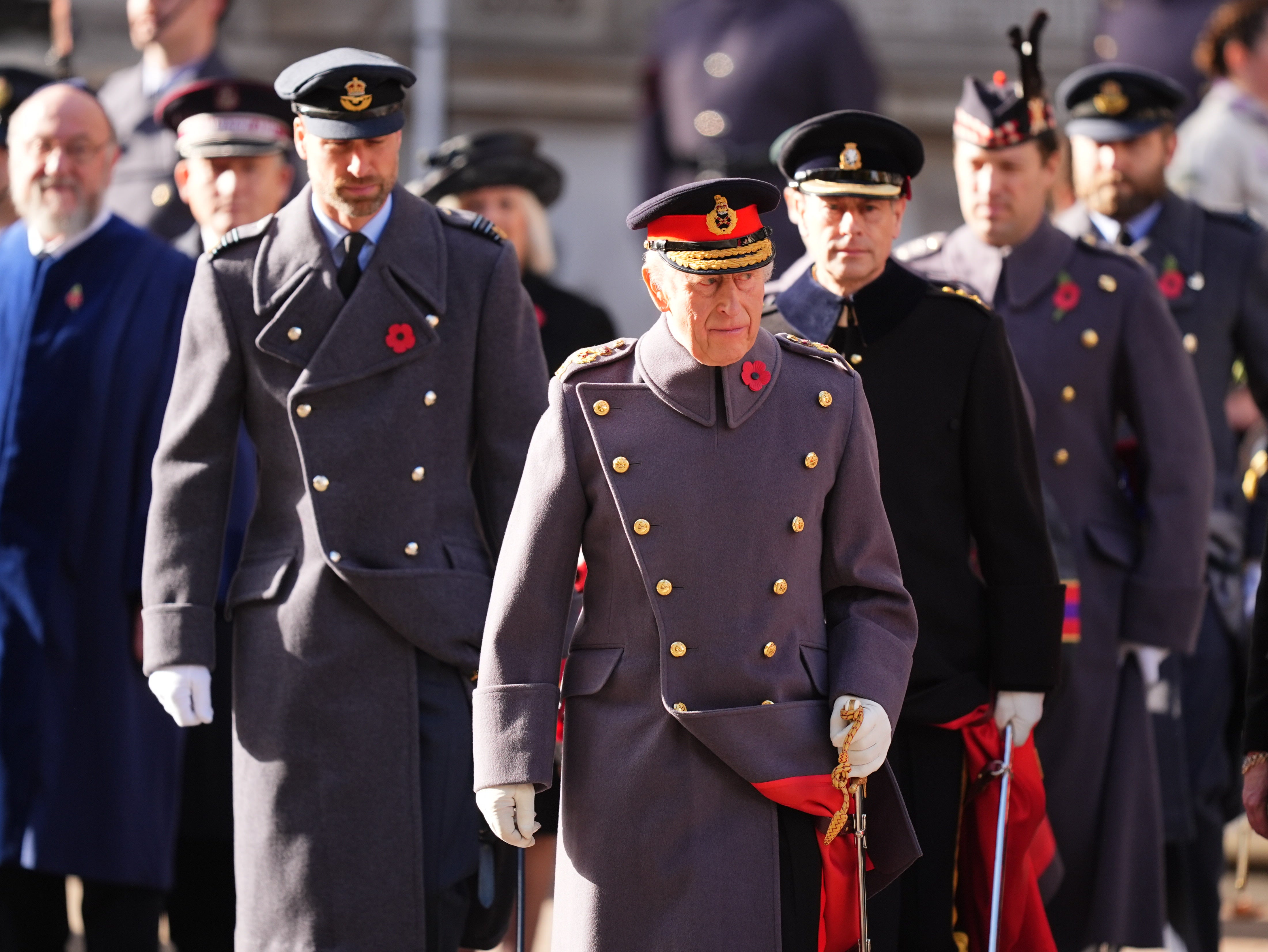 King Charles followed by the Prince of Wales (left) and the Duke of Edinburgh (right) during Sunday's ceremony at the Cenotaph in London