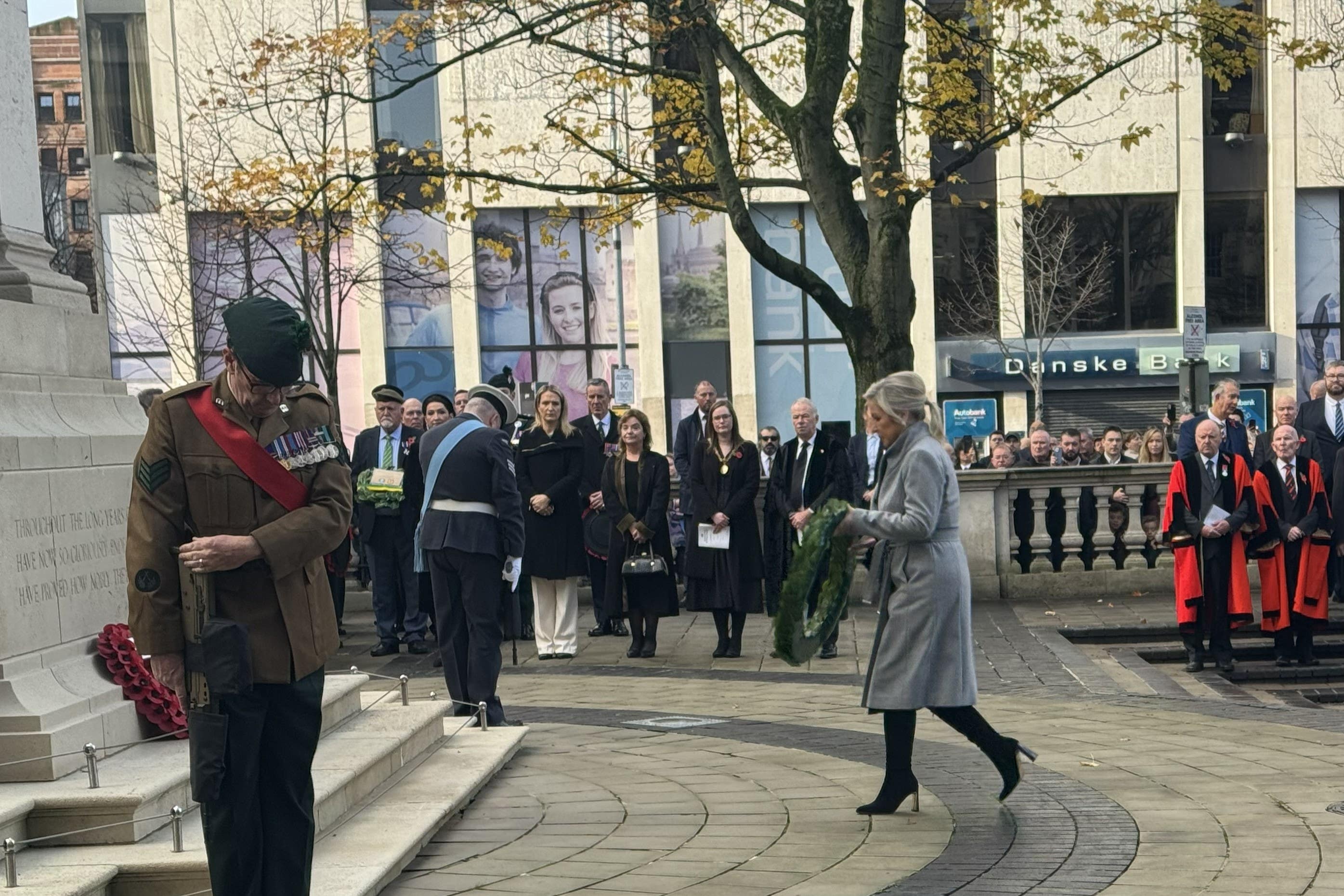 Michelle O’Neill lays a wreath at Belfast City Hall on Remembrance Sunday (Bairbre Holmes/PA)