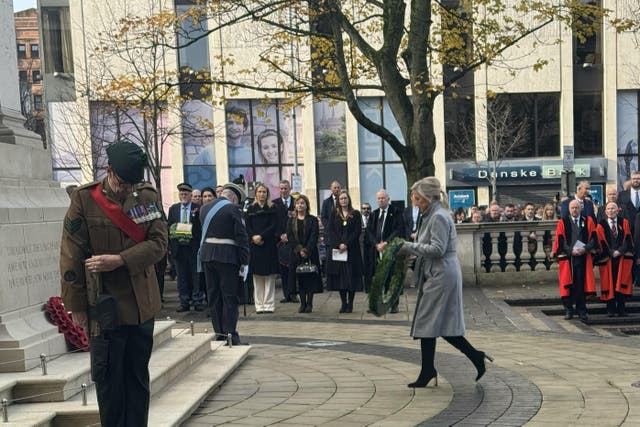 Michelle O’Neill lays a wreath at Belfast City Hall on Remembrance Sunday (Bairbre Holmes/PA)
