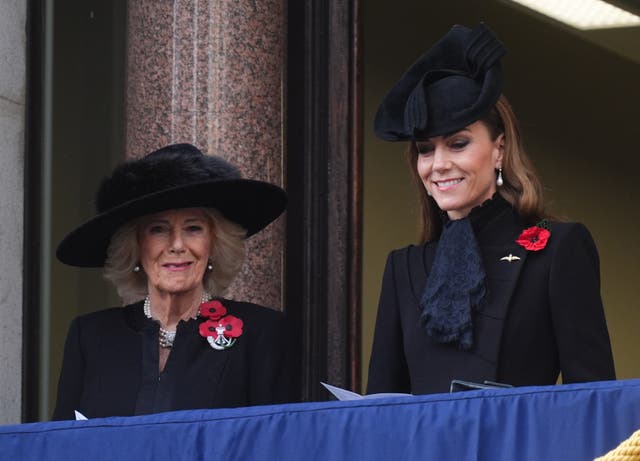 <p>Queen Camilla and the Princess of Wales during the Remembrance Sunday service </p>