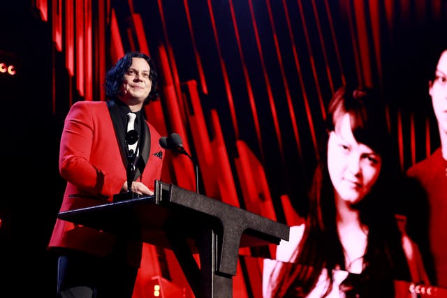 <p>Jack White speaking onstage as The White Stripes are inducted into the Rock & Roll Hall of Fame at a ceremony in Los Angeles on November 8, 2025</p>