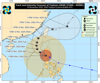 The typhoon is now directly over the island of Luzon (map as of 2am local time, 6pm GMT)