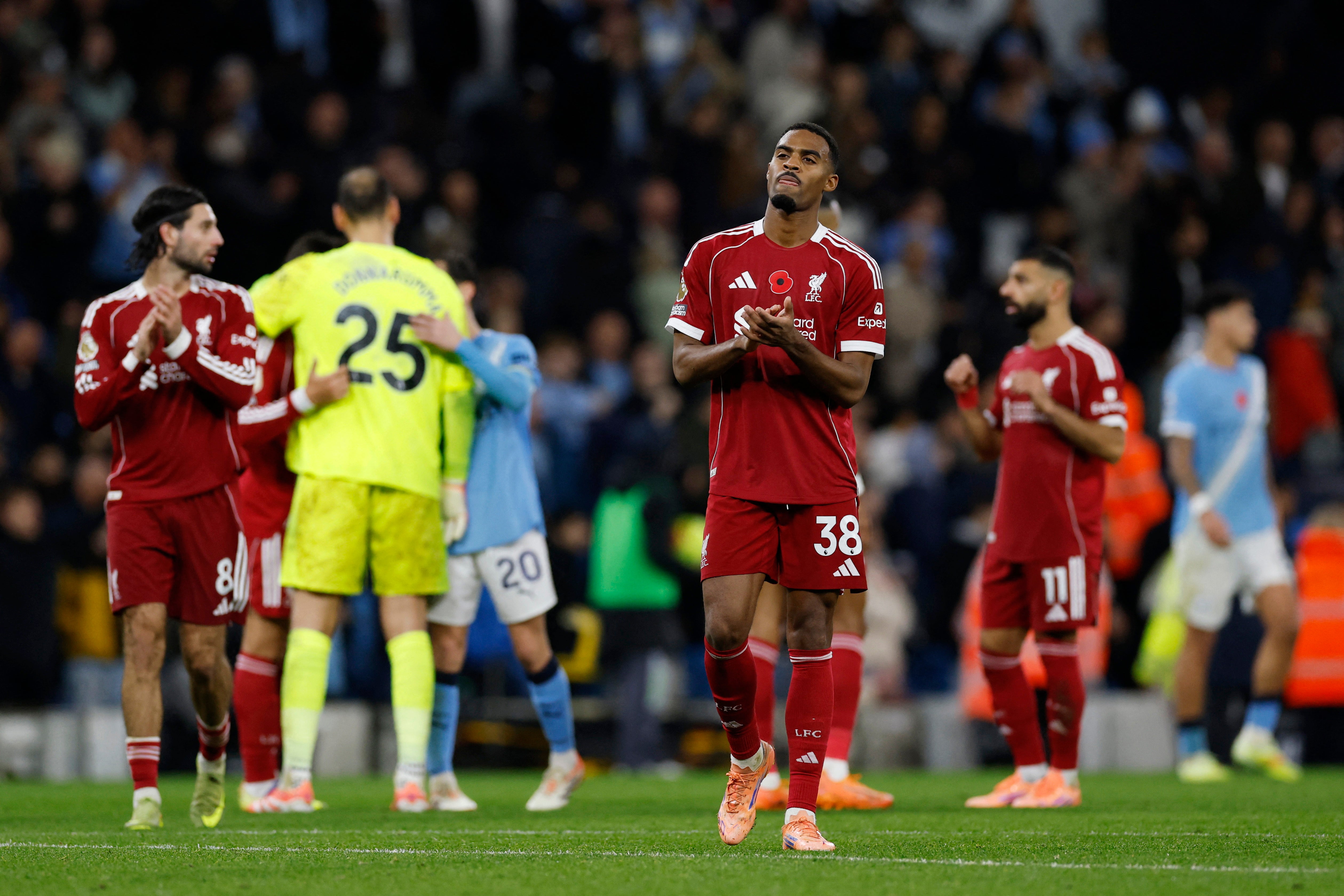<p>Ryan Gravenberch applauds the Liverpool fans at full-time</p>