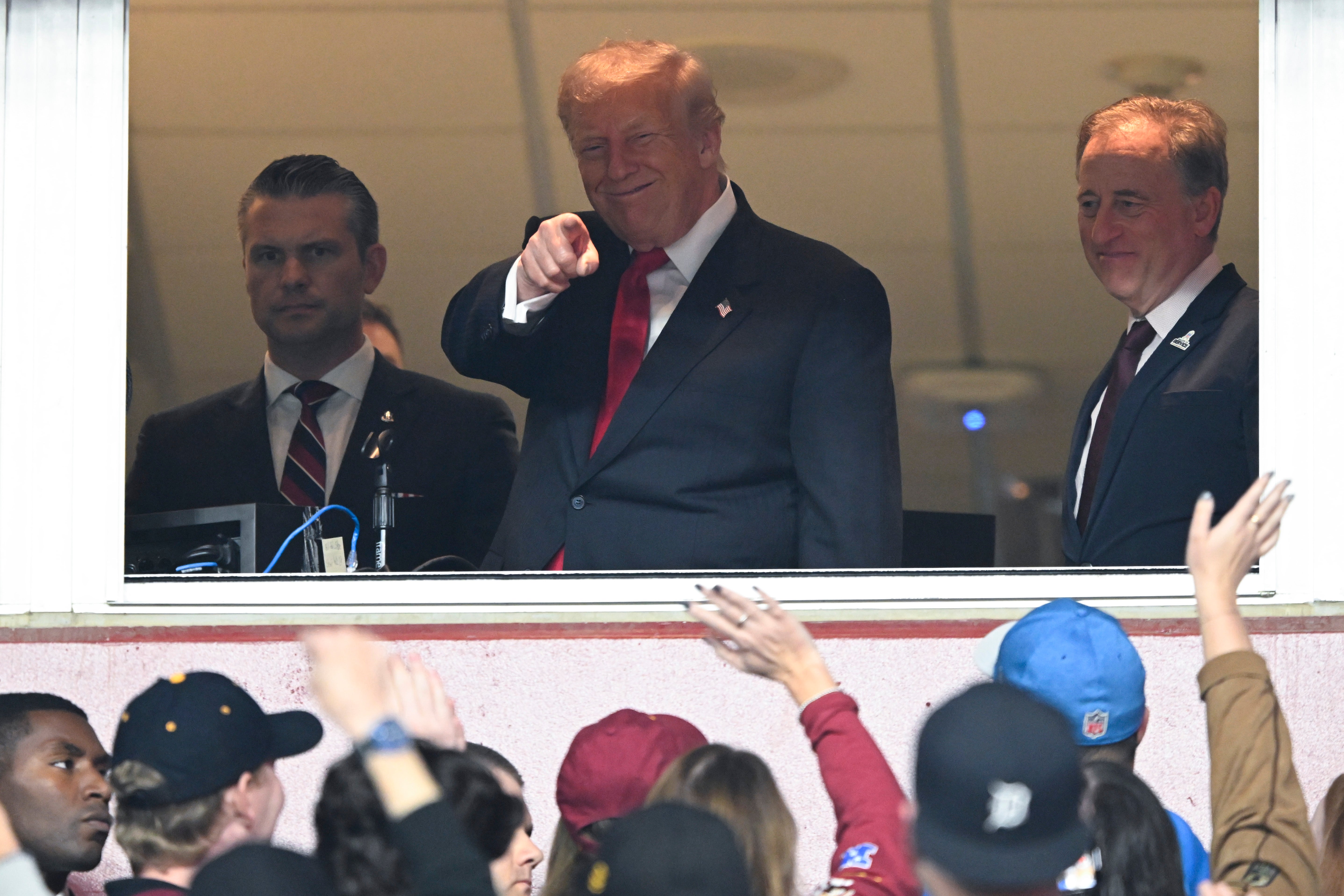 <p>Secretary of War Pete Hegseth, U.S. President Donald Trump and Commanders team owner Josh Harris attend the NFL  football game between the Detroit Lions and Washington Commanders</p>