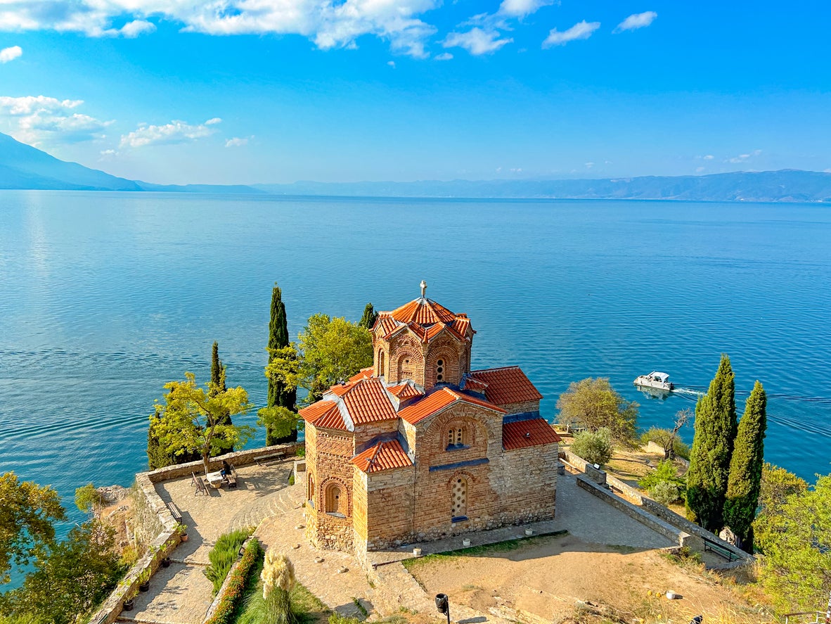 Lake Ohrid is home to 200 unique species and is steeped in history. Pictured is the 13th-century Church of Saint John at Kaneo in Ohrid town