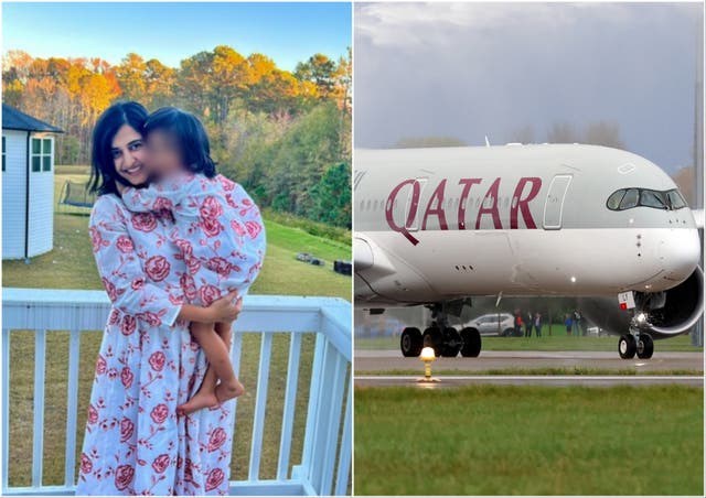 <p>Swetha Neerukonda, seen here with her 3-year-old daughter, is suing Qatar Airways after the girl was hospitalized following a mid-air anaphylactic reaction the family blames on a flight attendant</p>