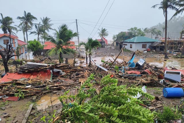 <p>A house lies destroyed after Super Typhoon Fung-wong passes through Pandan, Catanduanes province</p>