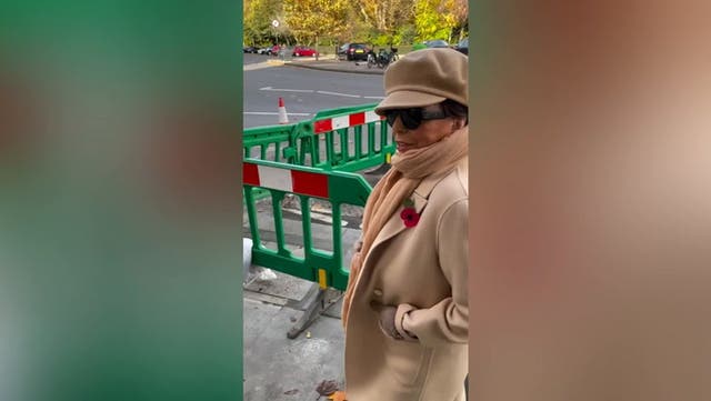 <p>Joan Collins gets ‘trapped’ in central London roadworks trying to walk to brother’s play.</p>