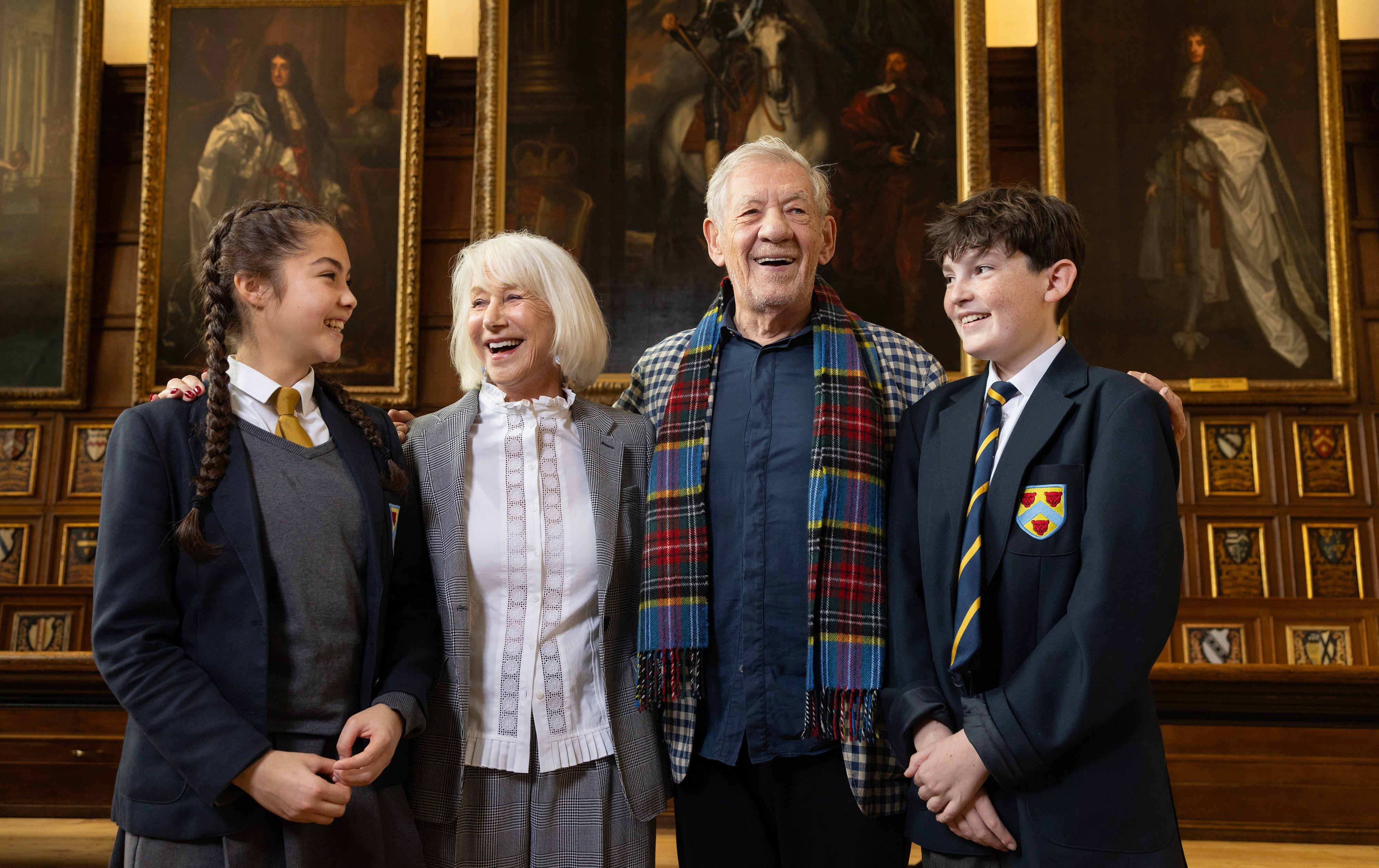 Dame Helen Mirren (centre left) and Sir Ian McKellen (centre right) join students from Stratford Upon Avon School Niamh and Dylan, the Royal Shakespeare Company and Foyle Foundation to launch the new RSC Shakespeare Curriculum