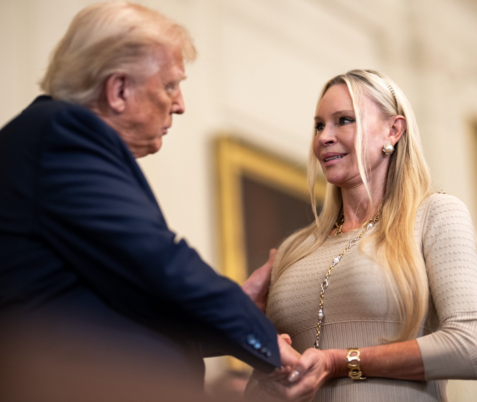 <p>Trump greets Jackie Siegel at the White House for the Halt Fentanyl Act signing</p>