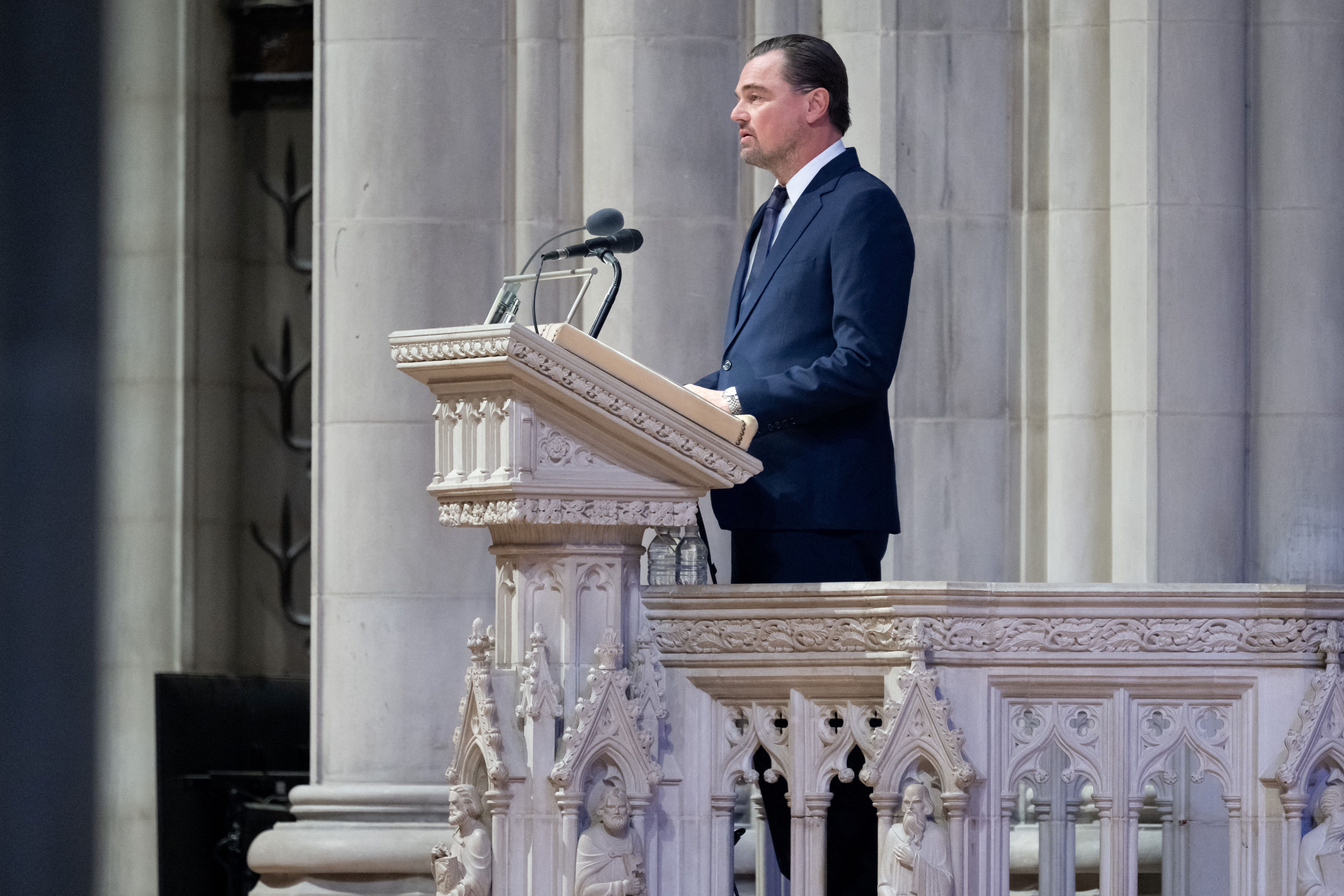 <p>Actor Leonardo DiCaprio speaks during funeral services for Jane Goodall, the chimpanzee expert and environmentalist at the Washington National Cathedral in Washington, DC, November 12, 2025</p>