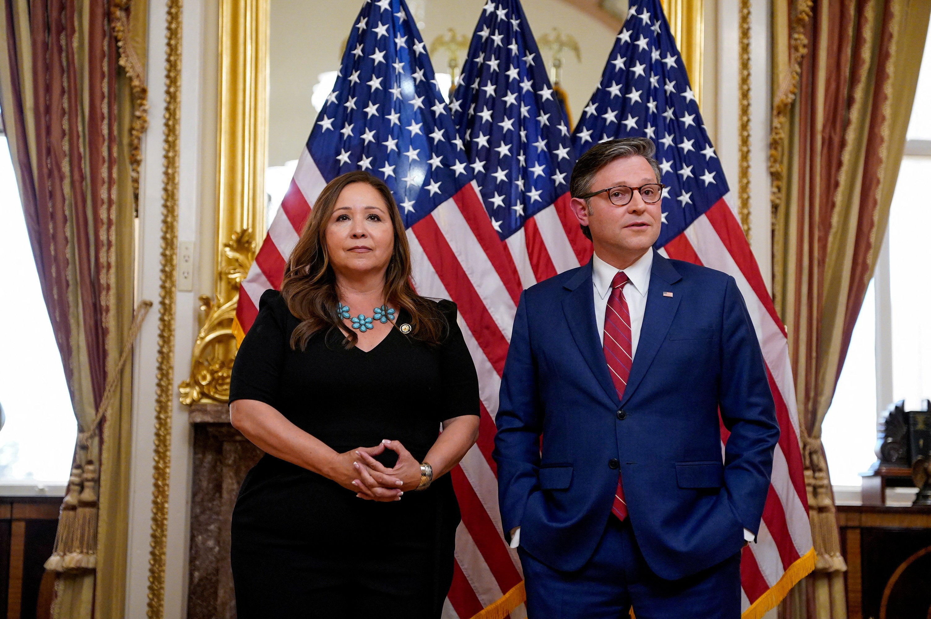 Representative Adelita Grijalva, an Arizona Democrat, was sworn into office Wednesday by House Speaker Mike Johnson and took the opportunity to blast President Donald Trump and Congress