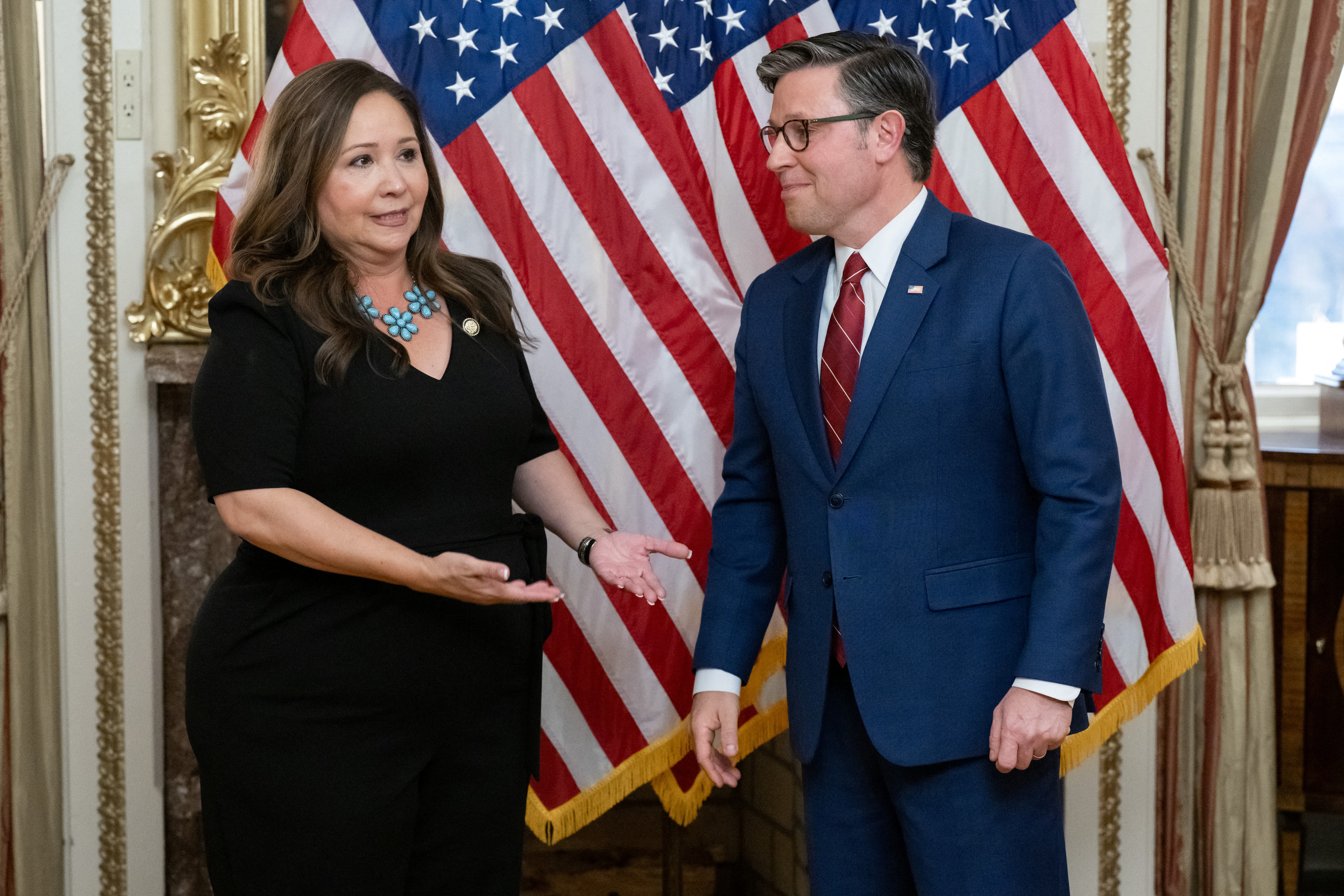 Throughout the shutdown, Speaker Mike Johnson’s decision to keep the House out of session kept Representative Adelita Grijalva (L), Democrat of Arizona, from being sworn in, a move Democrats suggested was to prevent her from joining a petition to force a vote on the government releasing its remaining Jeffrey Epstein files