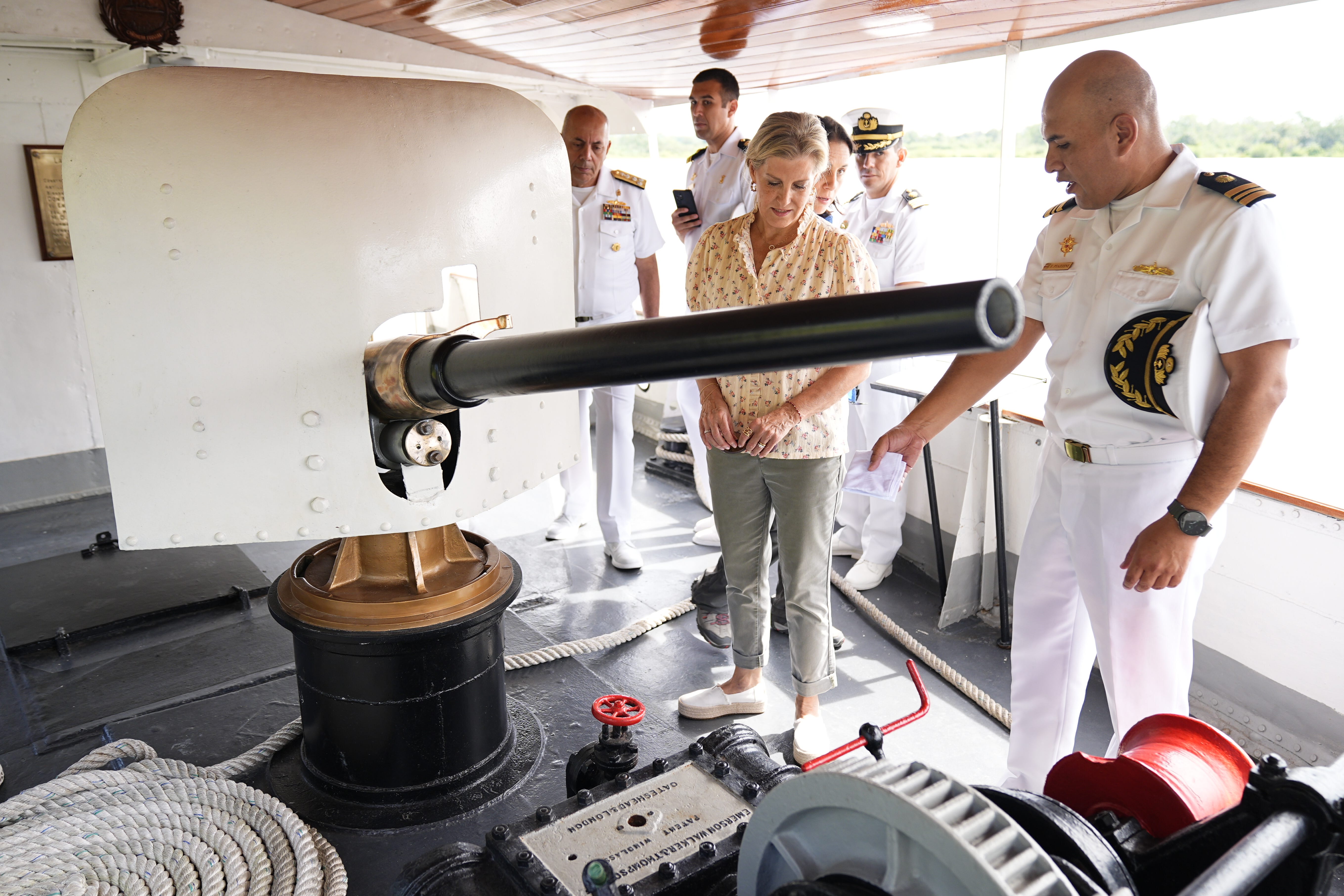 The Duchess of Edinburgh during a tour of BAP America during a visit to Iquitos Naval Base in Peru (Aaron Chown/PA)