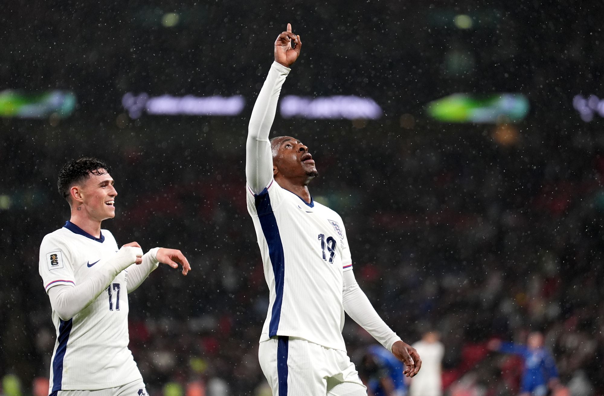 <p>Eberechi Eze celebrates after scoring England's second goal</p>