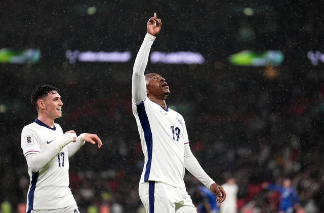 <p>Eberechi Eze, right, celebrates England’s late second goat at Wembley. Phil Foden, left, provided the assist</p>