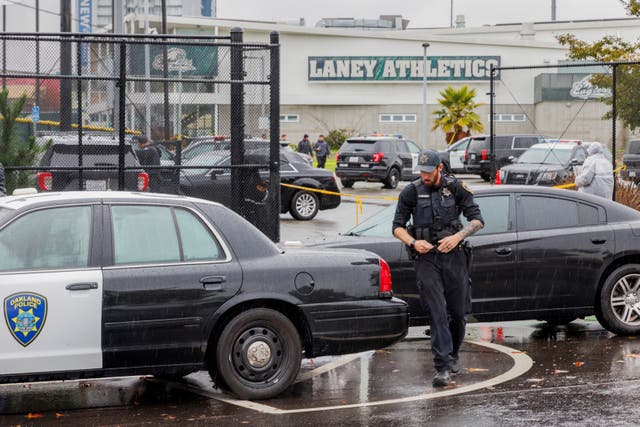<p>Police work the scene after a shooting at Laney College in Oakland, Calif., on Thursday, Nov. 13, 2025</p>