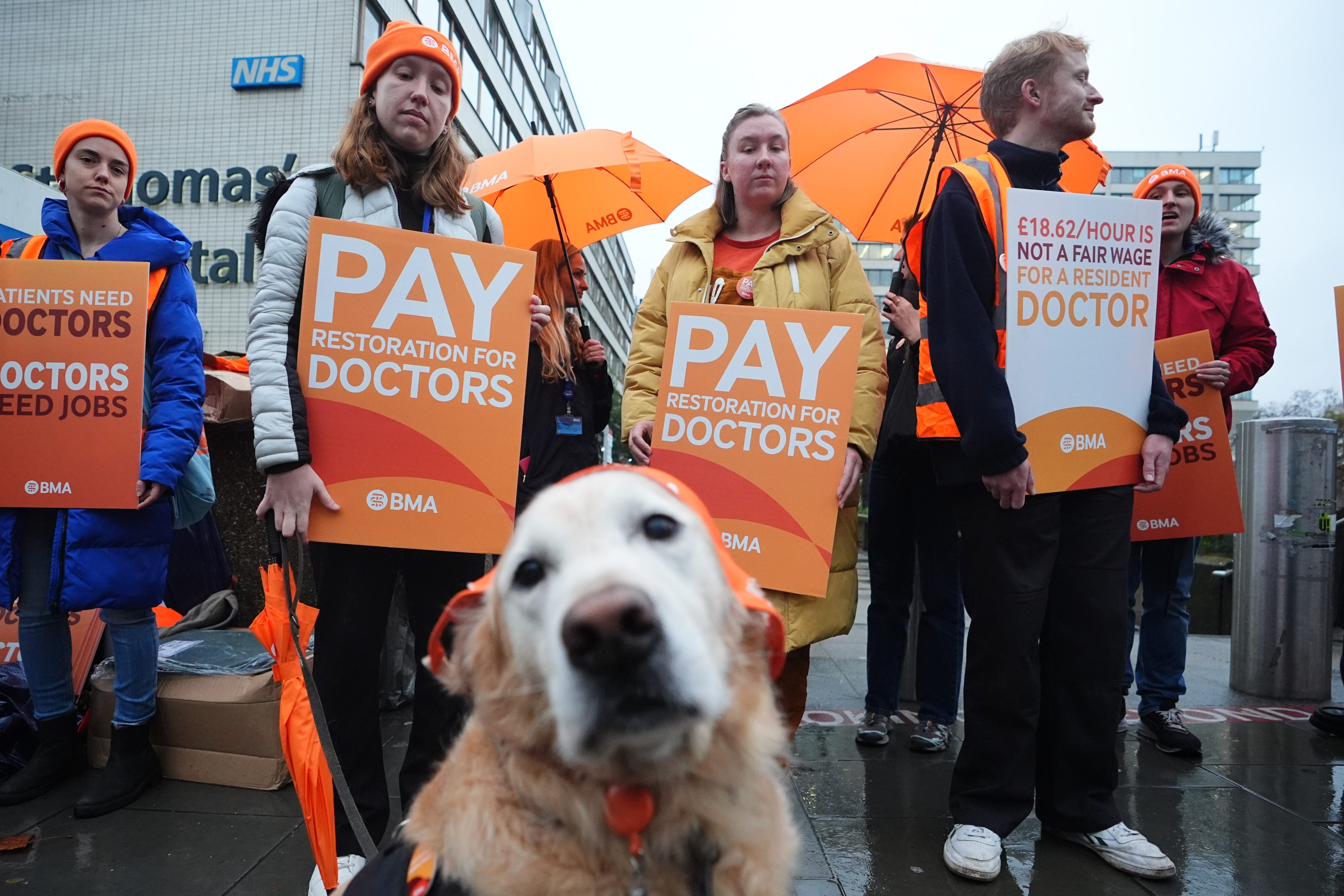 <p>NHS resident doctors outside St Thomas’ Hospital in London</p>