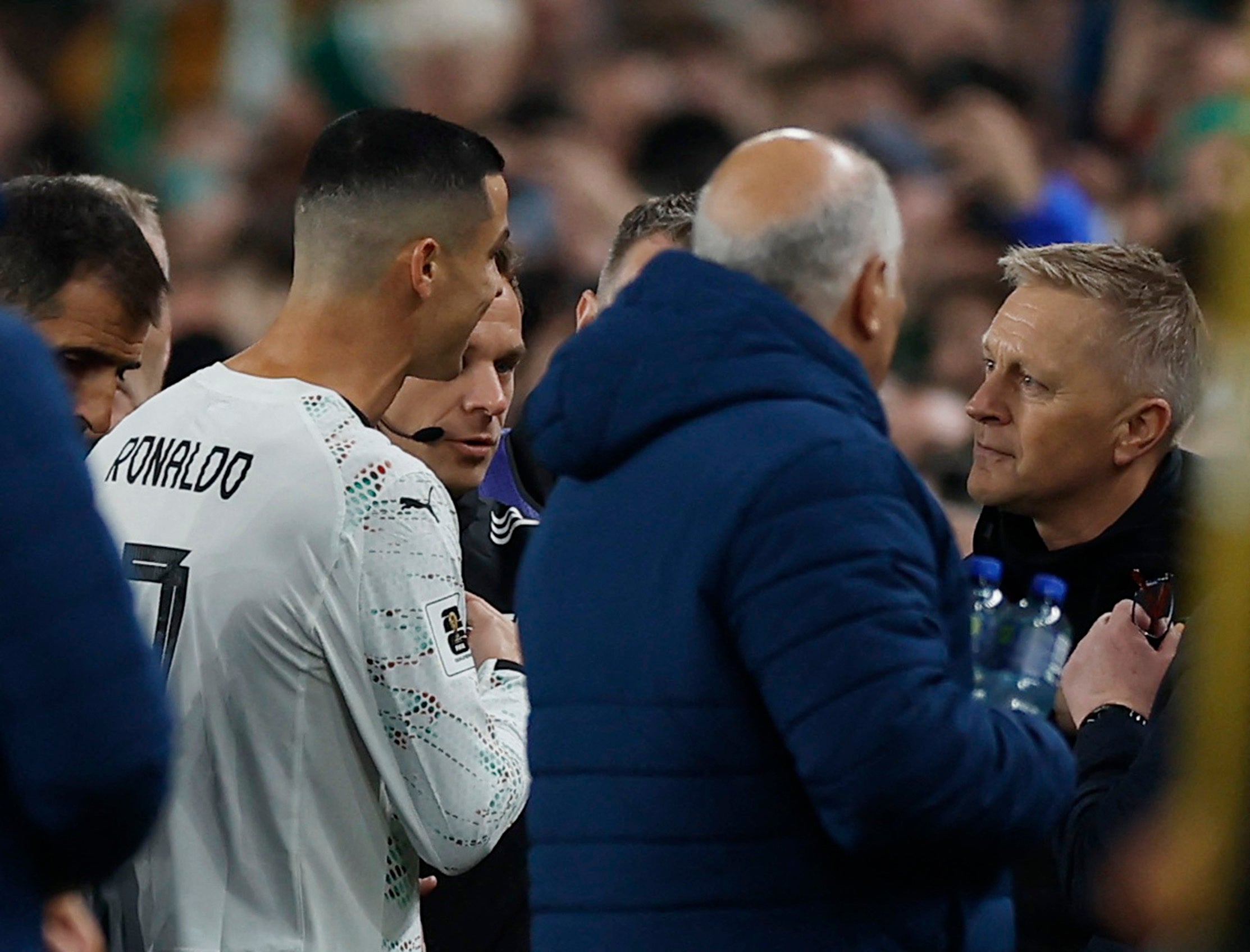 <p>Cristiano Ronaldo speaking to Ireland manager Heimir Halgrimsson after his dismissal</p>