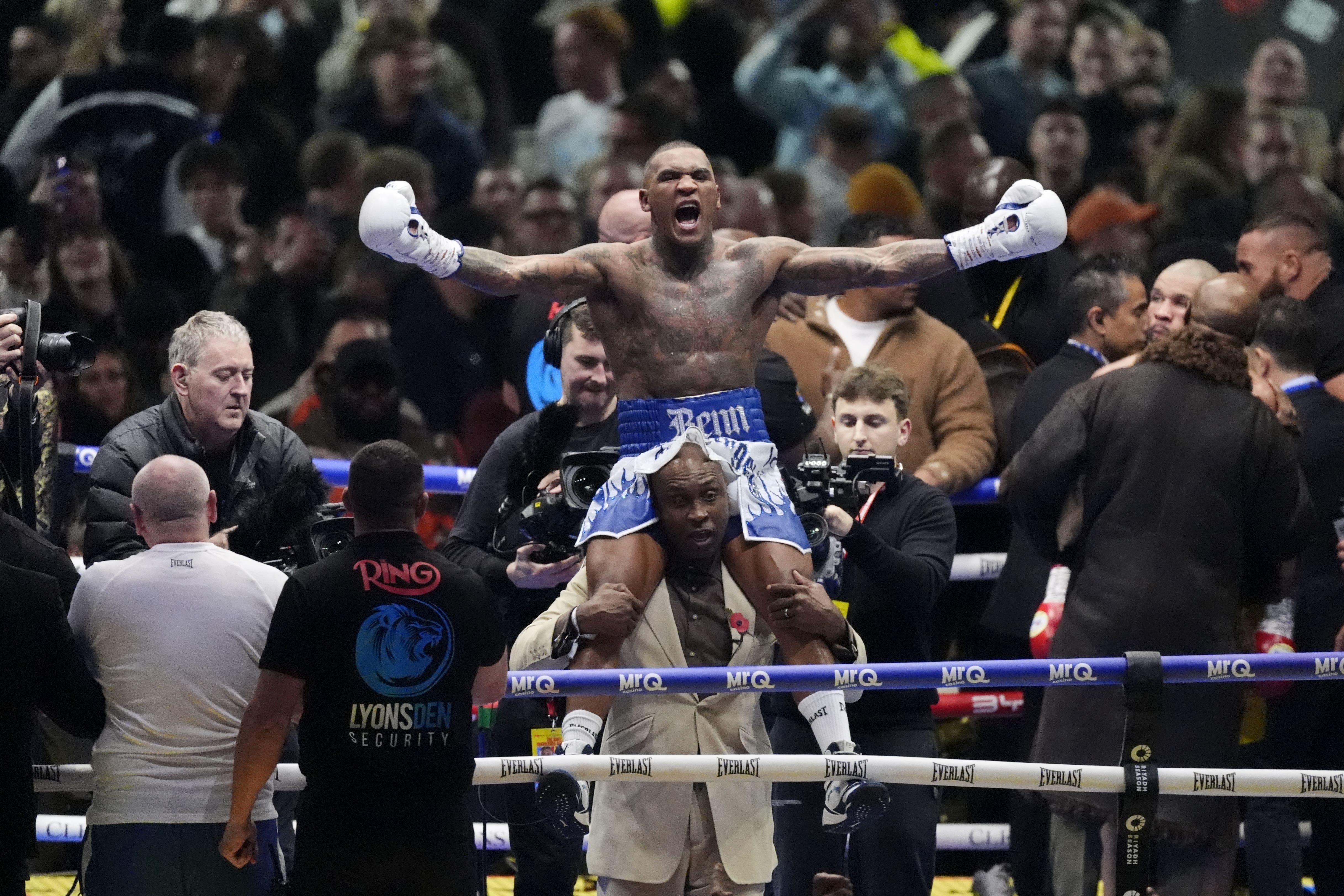 Conor Benn celebrates winning against Chris Eubank Jr at the Tottenham Hotspur Stadium (Nick Potts/PA)