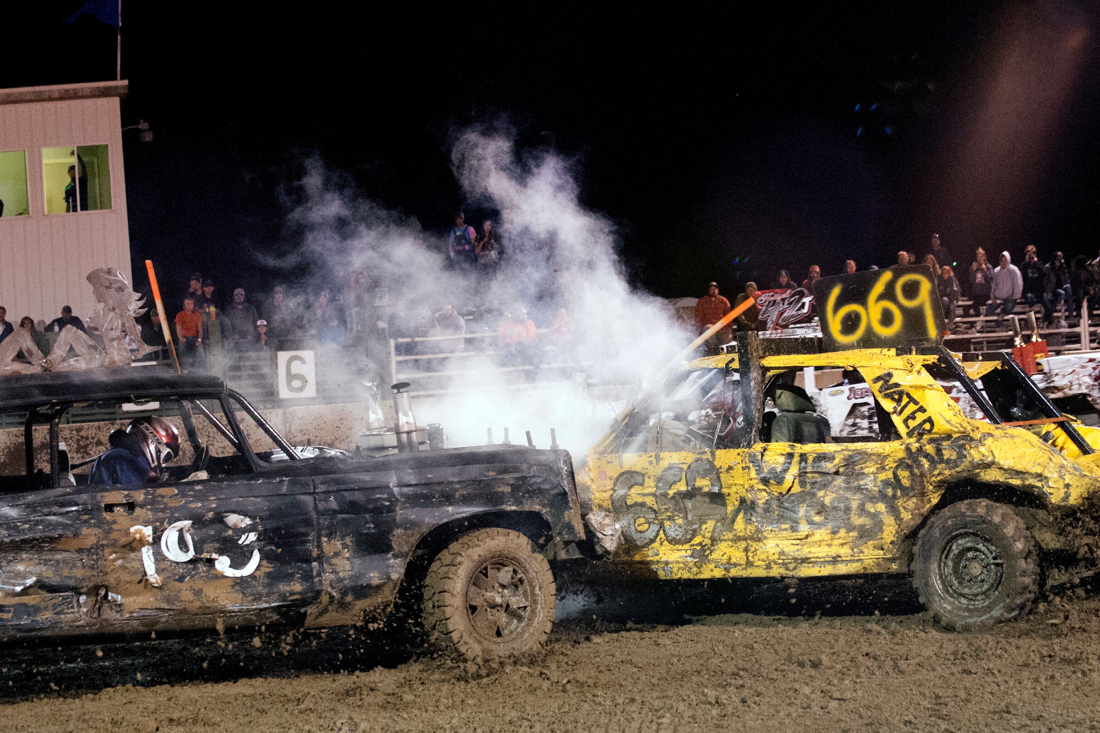 <p>File. Aftermath of a crash at the Kremmling Demolition Derby</p>