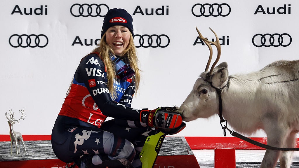 <p>Mikaela Shiffrin won the first slalom race of the season, and with it a reindeer</p>