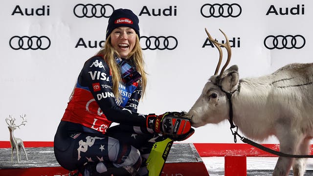<p>Mikaela Shiffrin won the first slalom race of the season, and with it a reindeer</p>