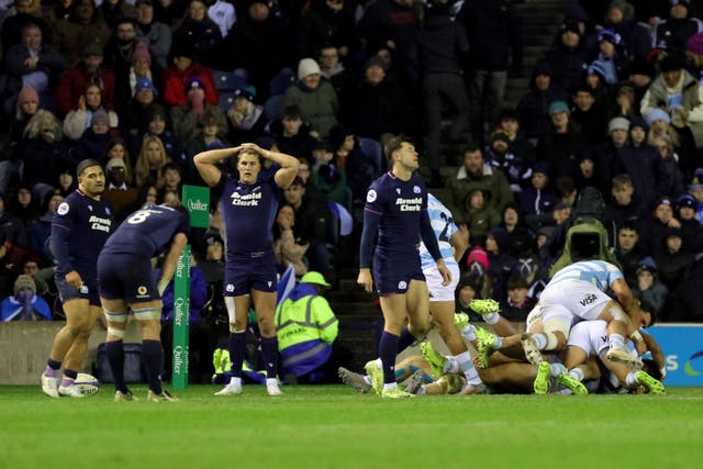 Argentina celebrate a stunning comeback win at Murrayfield (Steve Welsh/PA)