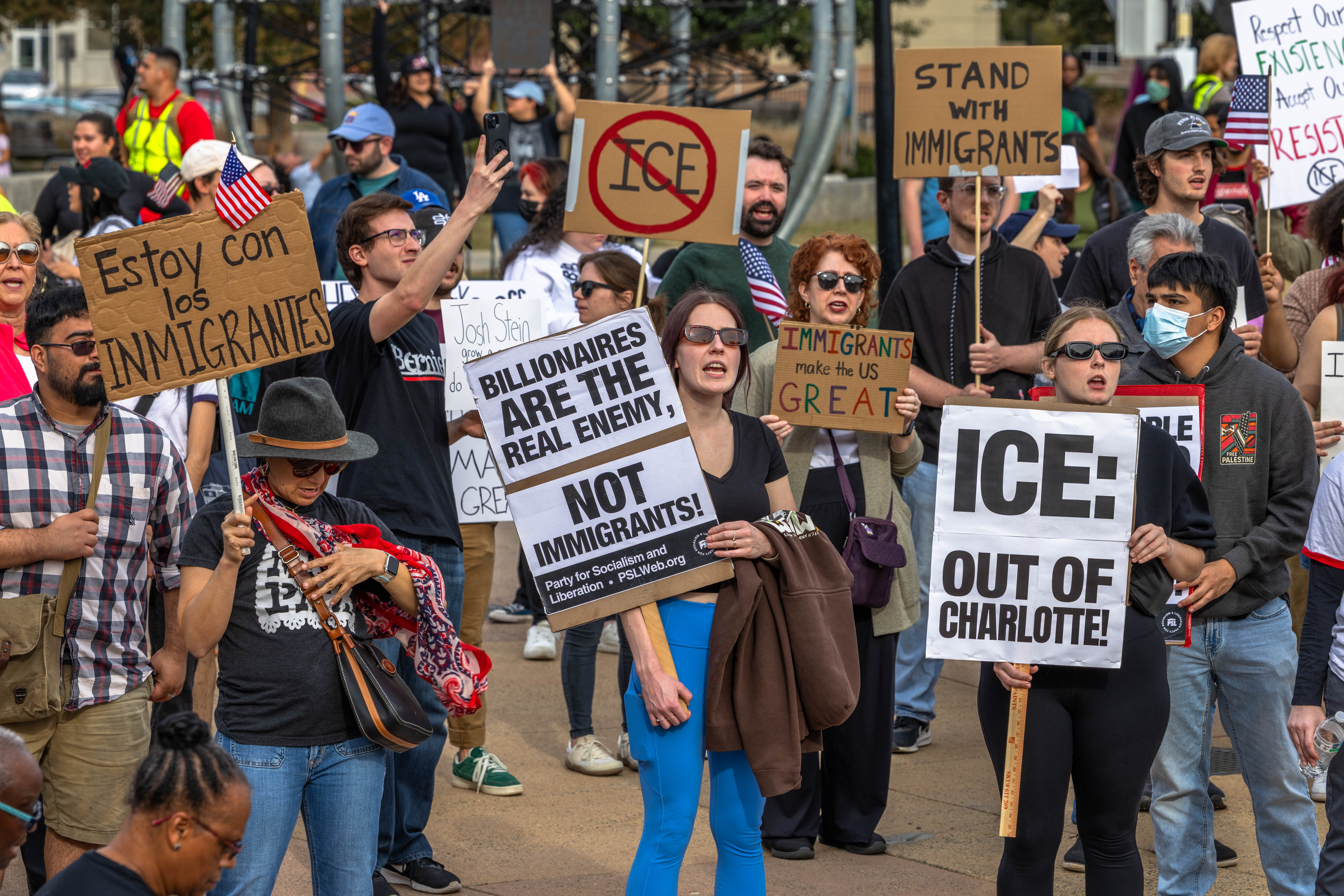 <p>Demonstrators in Charlotte marched against federal agents surging into the city as border patrol officers arrested dozens of people within its first day of operations.</p>