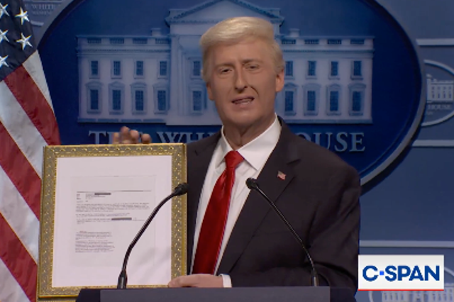 <p><em>Saturday Night Live</em>’s cold open saw the fictional president Trump offer to sell the Epstein files for $800 after facing pointed questions about why he won’t do more to disclose information on the late sex criminal</p>