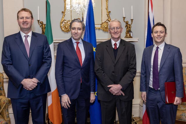 Minister for Justice, Home Affairs and Migration Jim O’Callaghan, Tanaiste Simon Harris, Secretary of State for Northern Ireland Hilary Benn and Under-Secretary of State for Northern Ireland Matthew Patrick at the British Irish Intergovernmental Conference at Farmleigh House in Dublin (Conor O Mearain/PA)