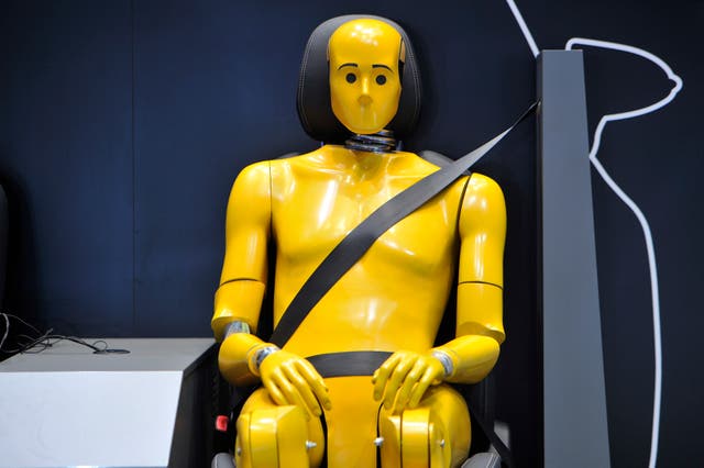 <p>A crash test dummy is displayed </p>