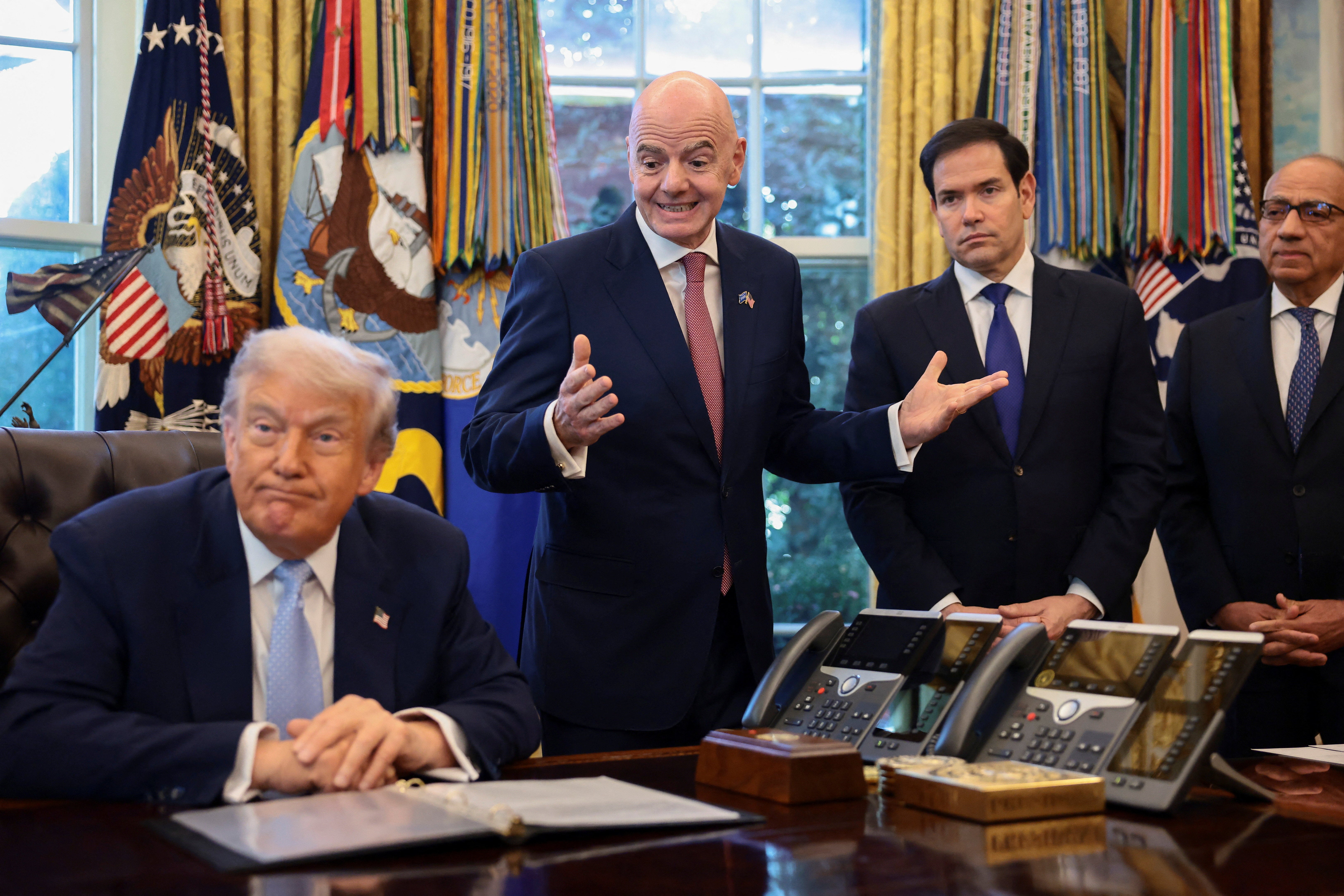 <p>U.S. President Donald Trump and Secretary of State Marco Rubio meet with FIFA president Gianni Infantino and his advisor Carlos Cordeiro in the White House</p>