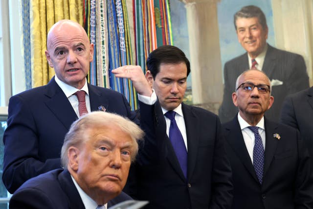<p>FIFA President Gianni Infantino (L), delivers remarks alongside (L-R) U.S. President Donald Trump, Secretary of State Marco Rubio and FIFA Senior Advisor for Global Strategy and Governance Carlos Cordeiro, during a meeting of the White House Task Force on the FIFA World Cup 2026 in the Oval Office of the White House on November 17, 2025 in Washington, DC</p>