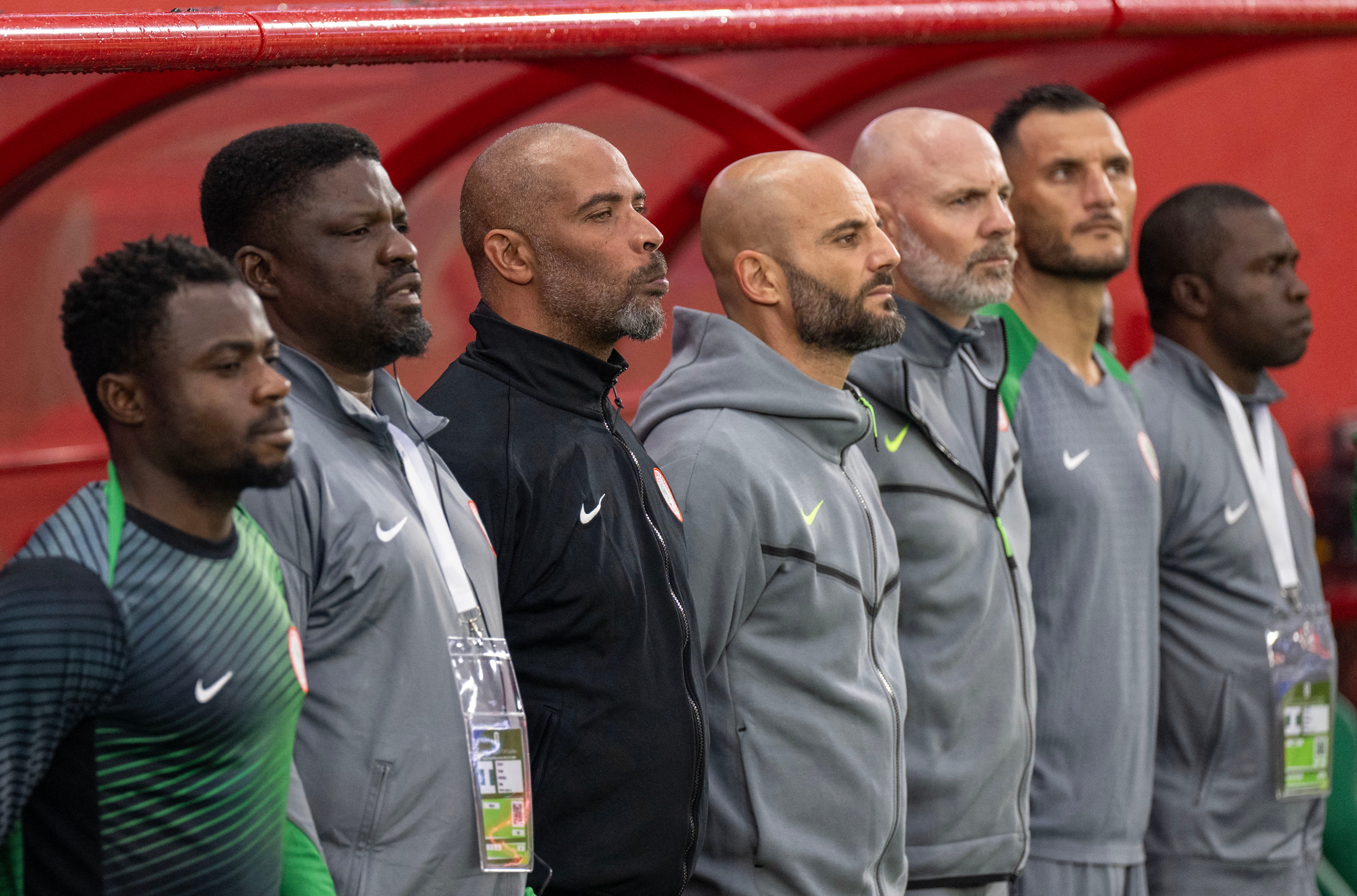 Nigeria coach Eric Chelle (third from left) before the CAF play-off final