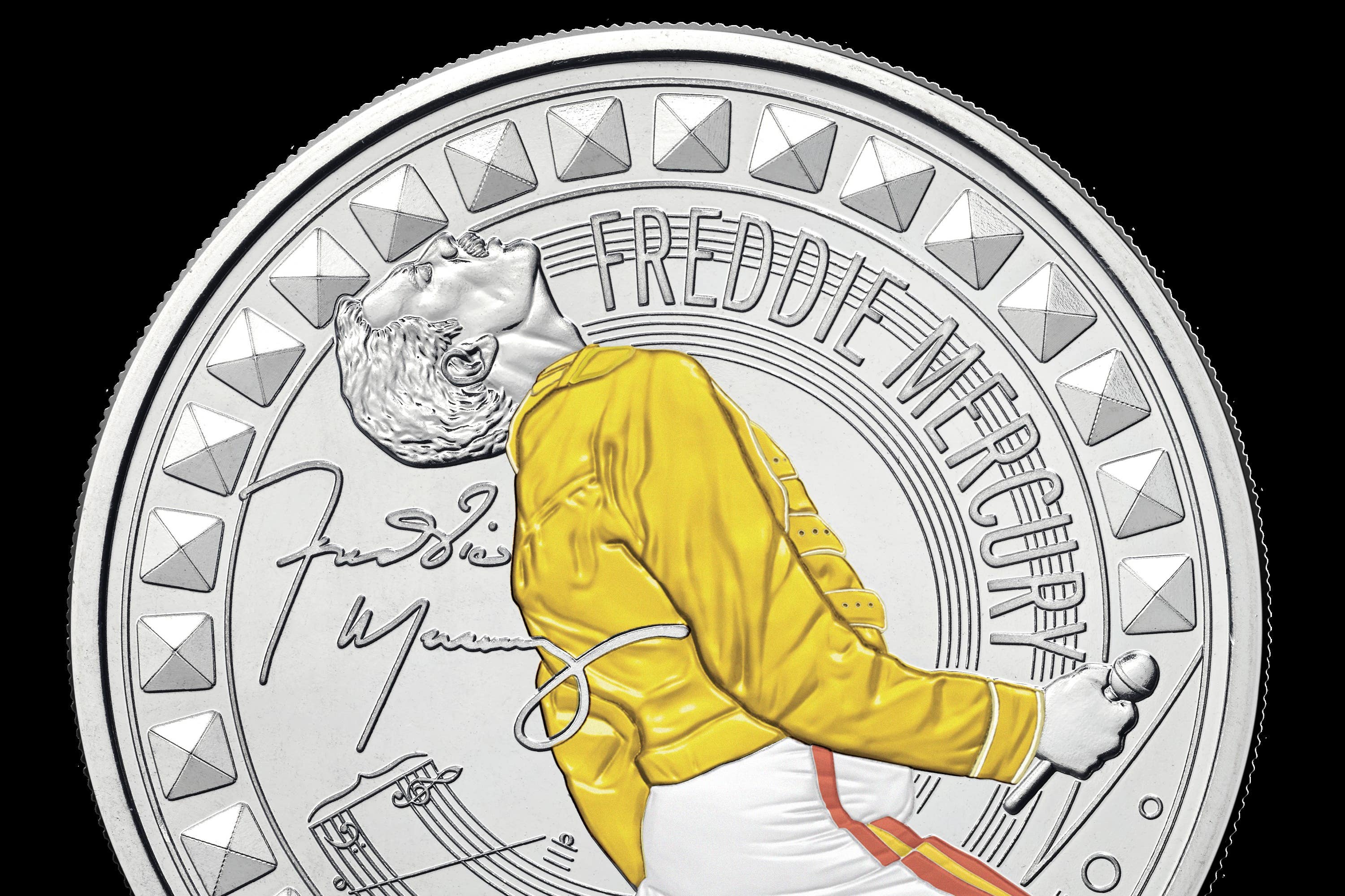 <p>Some Freddie Mercury coins feature colour, bringing the singer’s yellow jacket to life in the coin design (Royal Mint/PA)</p>