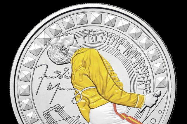 <p>Some Freddie Mercury coins feature colour, bringing the singer’s yellow jacket to life in the coin design (Royal Mint/PA)</p>